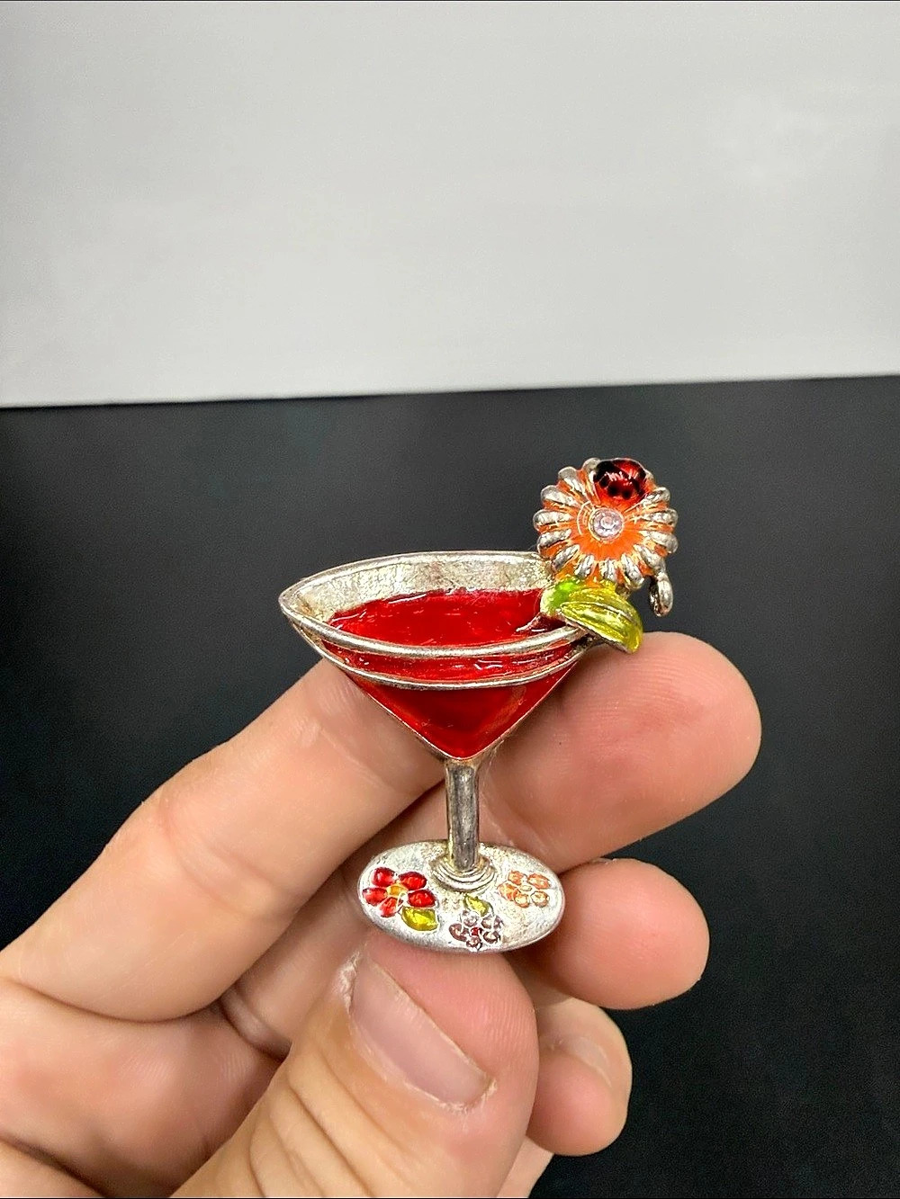 Vintage Style Red Cocktail Martini Glass Brooch Enamel Flower Novelty Pin